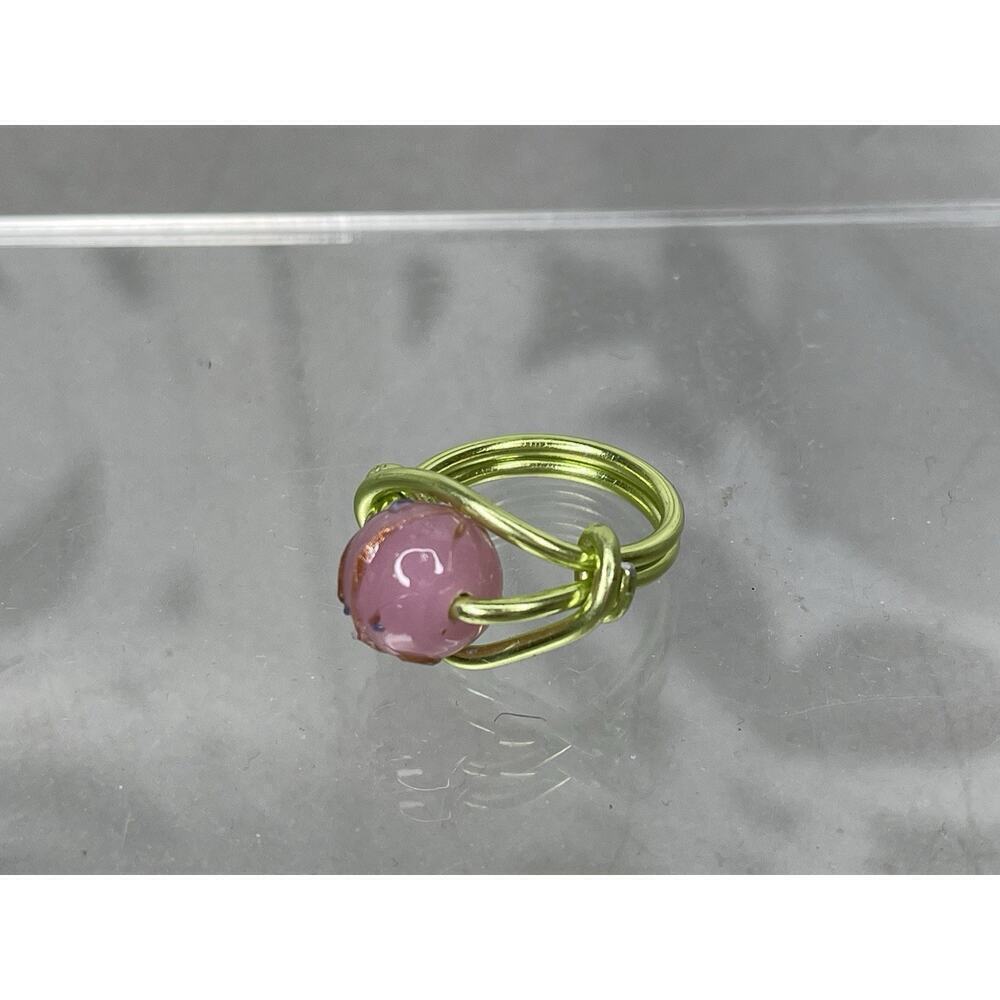 Handmade Artisan Green Wire Wrapped Pink Hand Painted Stone Ring Size 5.75